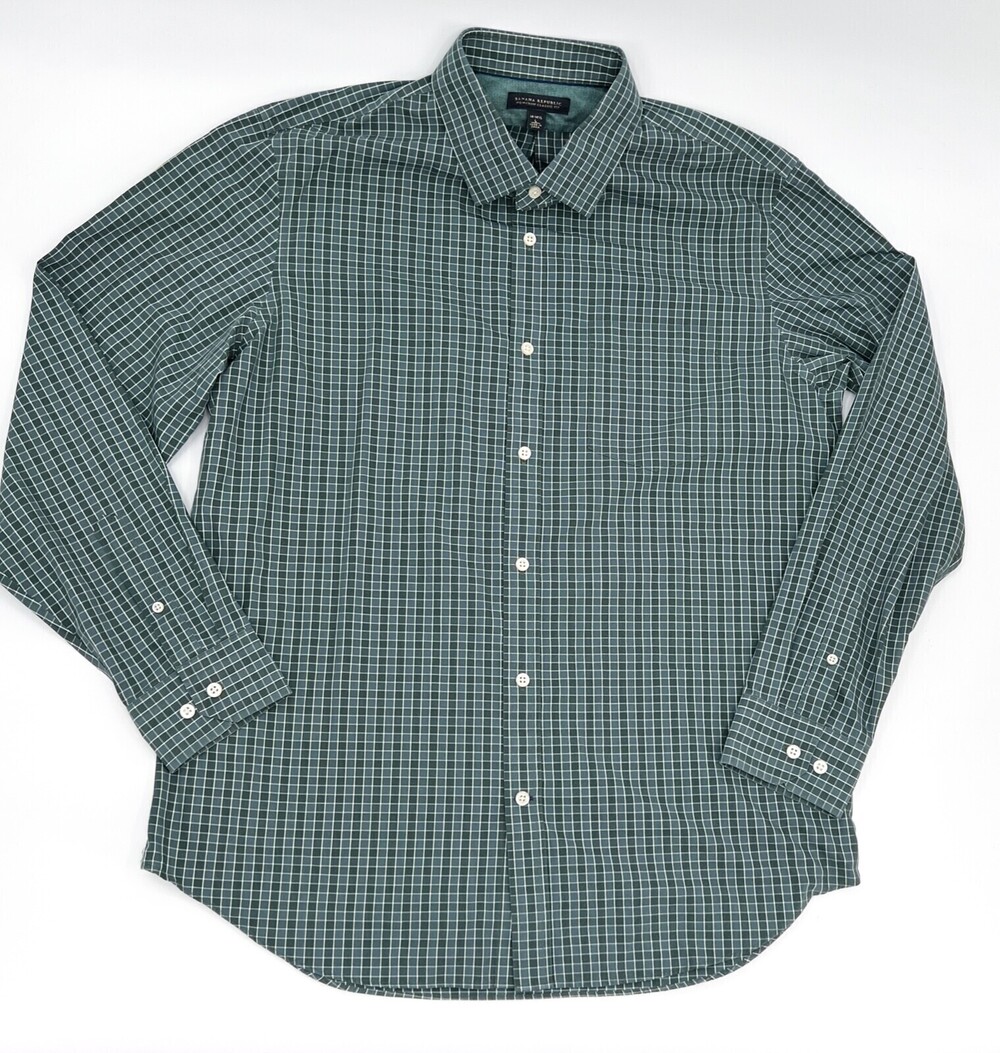 Banana Republic Shirt mens 16-16.5 Green Plaid Non-Iron Long Sleeve Button up